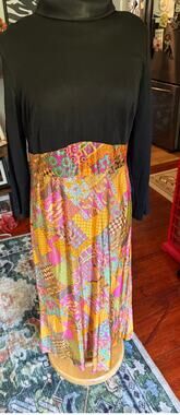 Vintage 60s 70s Black Bright Orange Pink Psychedelic Hippie Maxi Dress Med Large